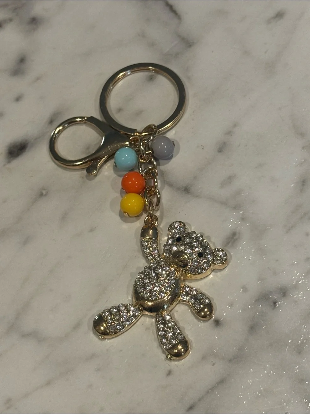 Crystal Teddy Bear Keychain with Multicolor Beads - Gold Tone
